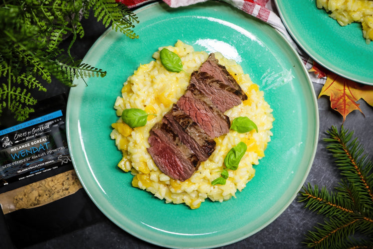 Bavette de boeuf au Mélange Wendat et risotto à la courge butternut