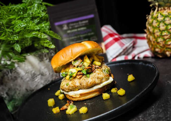 Algonquin Pork and Shrimp Burger with Pineapple Salsa