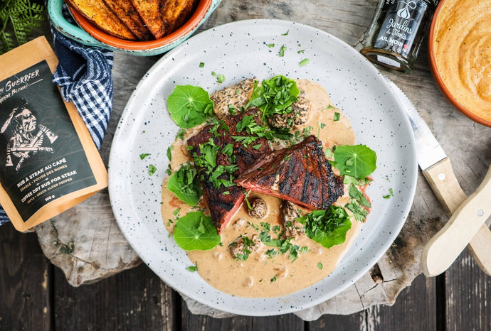 Flank steak with coffee and black garlic &amp; morel sauce