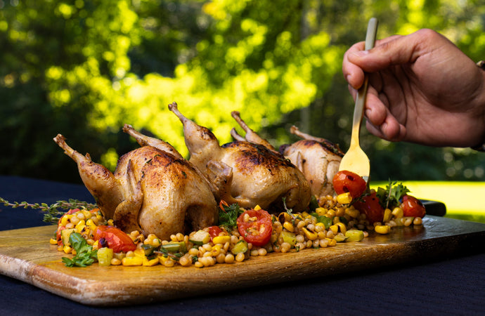 Cailles royales farcies à la camerise et au foie gras sur couscous