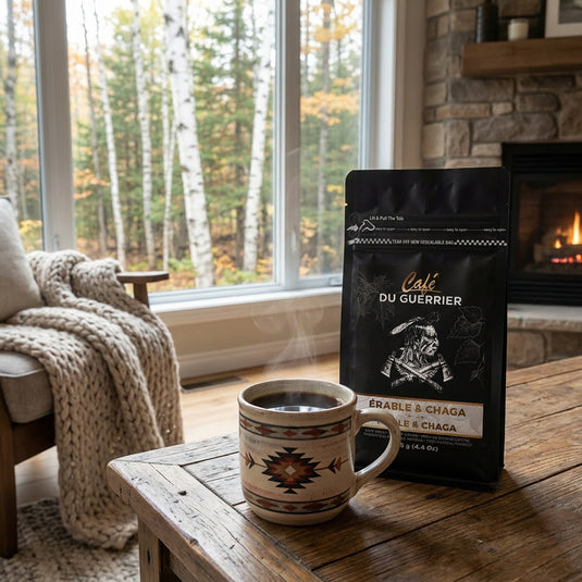 Duo Café Érable et Chaga en ambiance chalet avec tasse chaude
