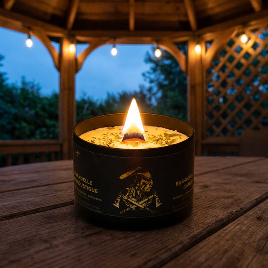 Chandelle antimoustique à la citronnelle allumée dans un gazebo au crépuscule