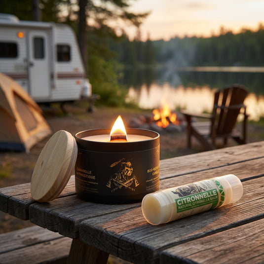 Duo antimoustiques au camping avec chandelle à mèche de bois crépitante et baume à la citronnelle