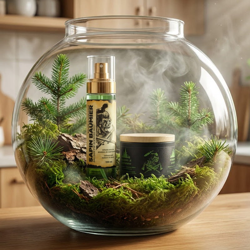 Load image into Gallery viewer, Duo brume et bougie au sapin baumier dans un terrarrium, dans une cuisine
