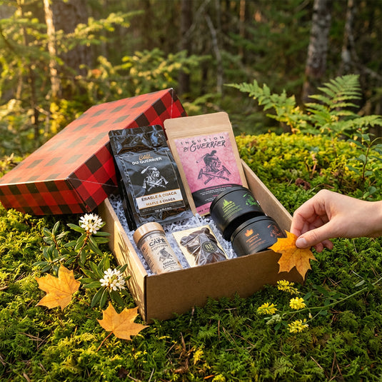 Coffret cadeau Fête des Mères Épices du Guerrier en mise en scène en forêt