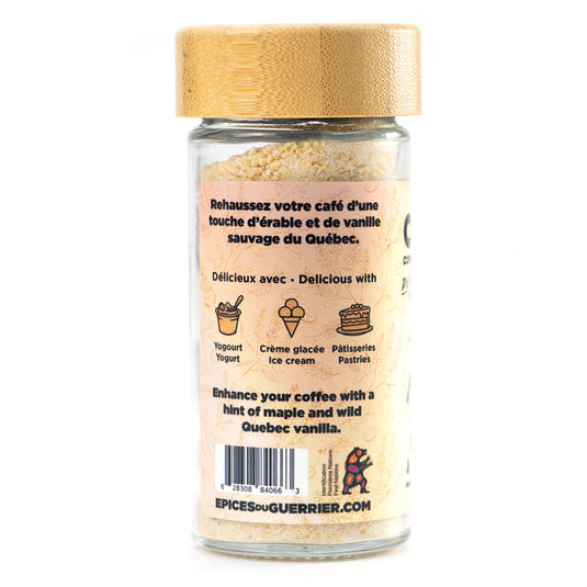 Dos du pot Épices à café Érable et Mélilot avec idées d’utilisation café et desserts