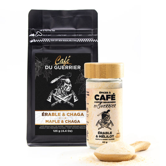Duo Café Érable et Chaga avec Épices à café Érable et Mélilot sur fond blanc