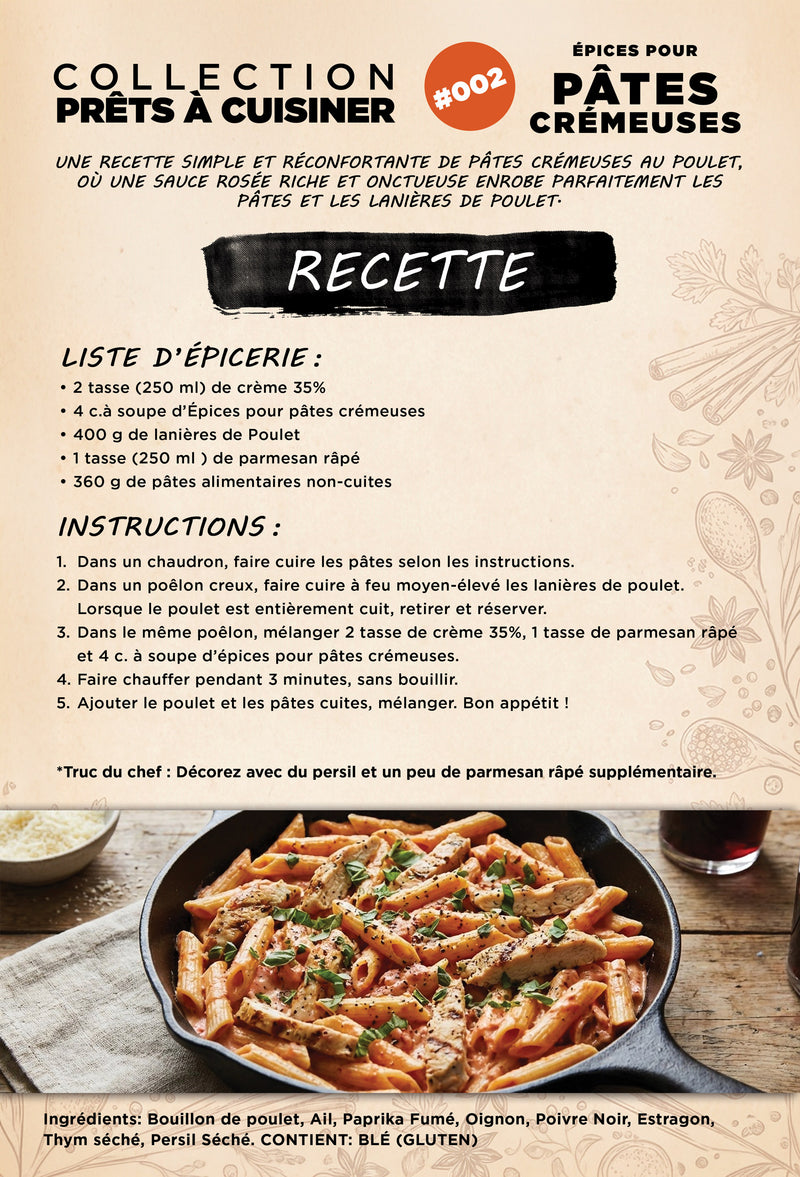 Chargez l'image dans la visionneuse de la galerie, Fiche recette de pâtes crémeuses au poulet avec épices pour pâtes crémeuses Épices du Guerrier

